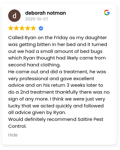 Called Ryan on the Friday as my daughter was getting bitten in her bed and it turned out we had a small amount of bed bugs which Ryan thought had likely came from second hand clothing. He came out and did a treatment, he was very professional and gave excellent advice and on his return 3 weeks later to do a 2nd treatment thankfully there was no sign of any more. I think we were just very lucky that we acted quickly and followed all advice given by Ryan. Would definitely recommend Saltire Pest Control.
